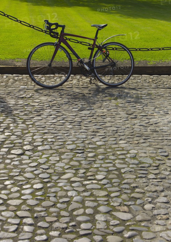 Bicycle on cobblestone path.