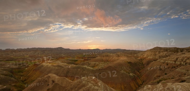 USA, South Dakota, Mountains in Badlands National Park at sunrise.