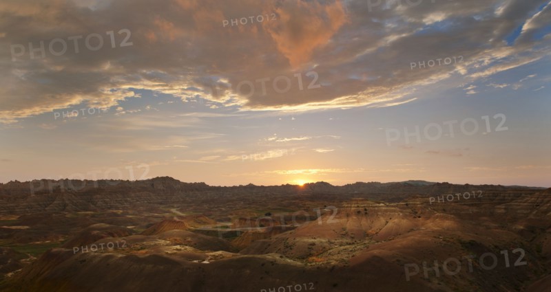 USA, South Dakota, Mountains in Badlands National Park at sunrise.