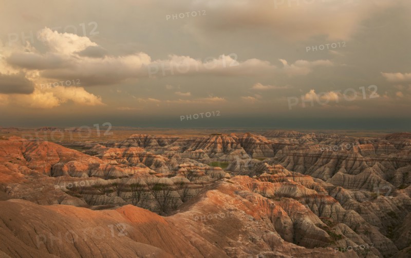 USA, South Dakota, Mountains at sunset in Badlands National Park.