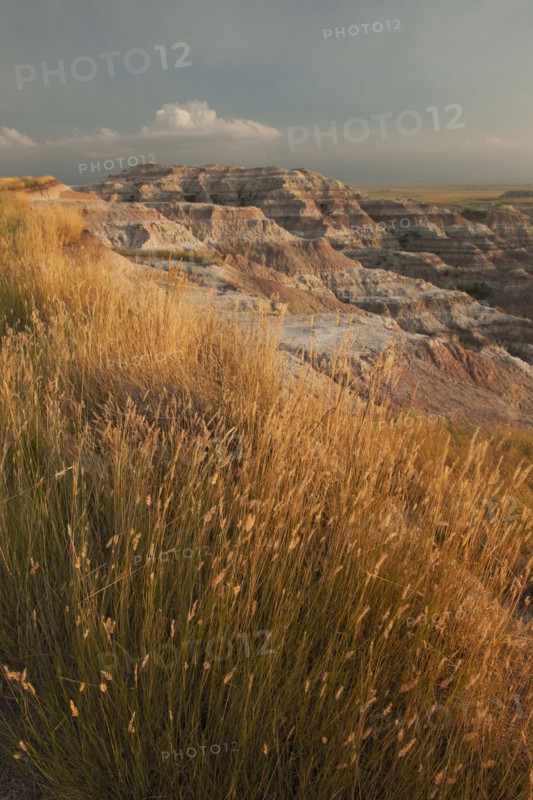 USA, South Dakota, Badlands National Park, Mountains with grass in foreground.