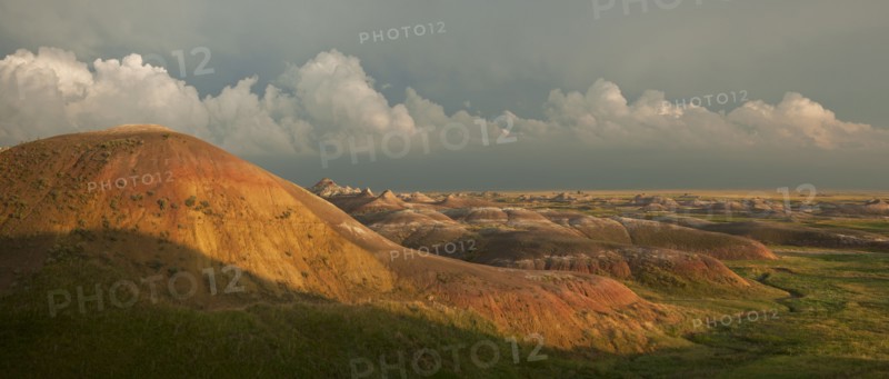 USA, South Dakota, Mountains in Badlands National Park at sunset.