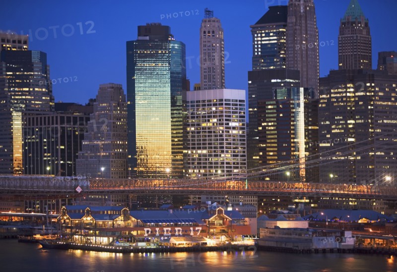 USA, New York State, New York City, Brooklyn Bridge and Manhattan skyline at night. Photo : fotog