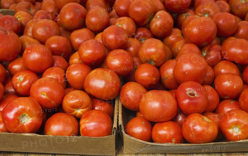 Close up of tomatoes in cardboard boxes.