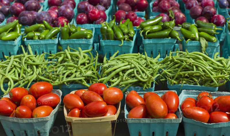Vegetables and fruits in boxes.