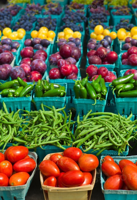 Vegetables and fruits in boxes.