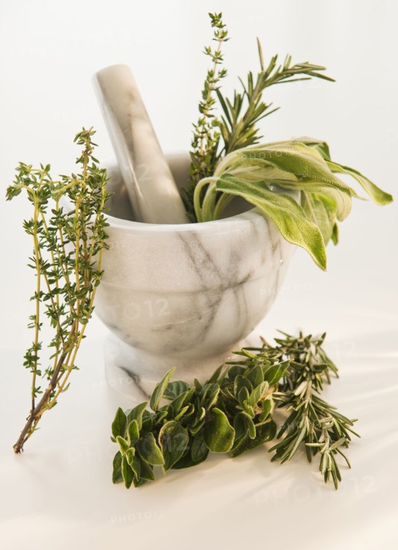 Mortar and pestle with herbs. Photo : Daniel Grill