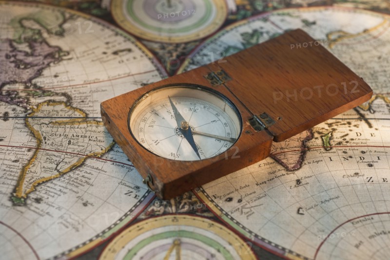 Antique compass on map.