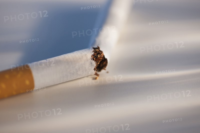 Broken cigarette on white background. Photo : Daniel Grill