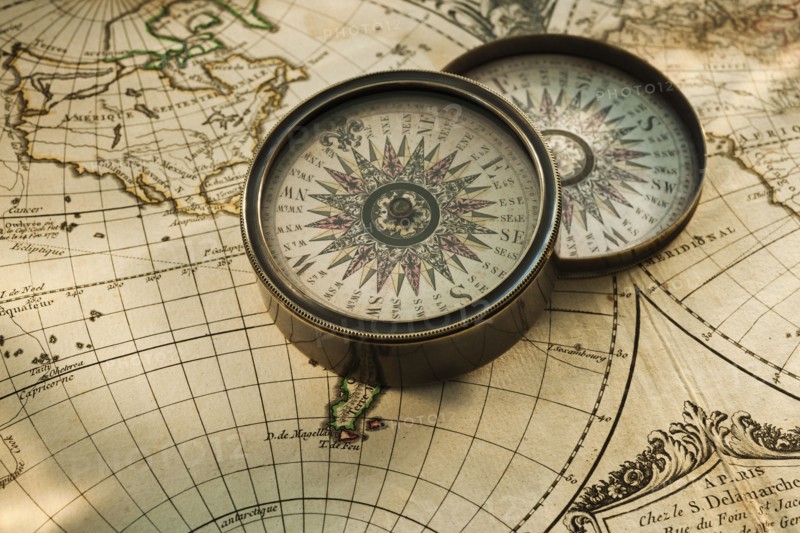 Antique compass on map.