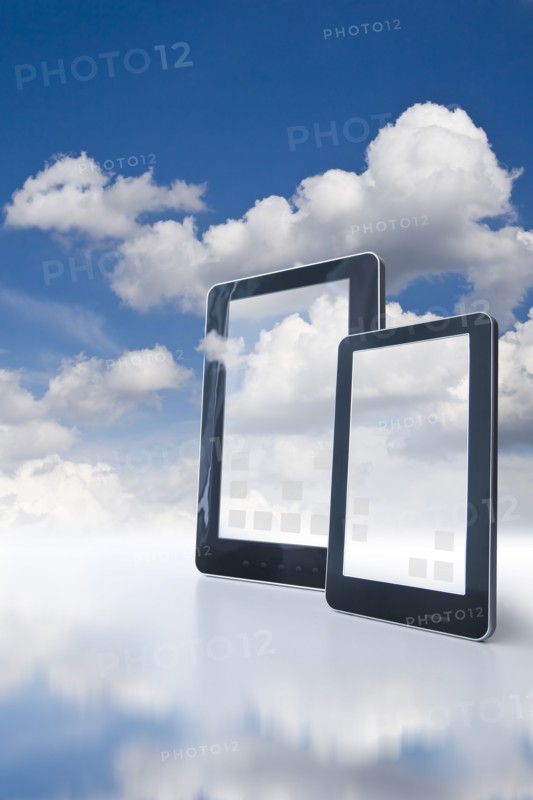 Two digital tablets floating in clouds.