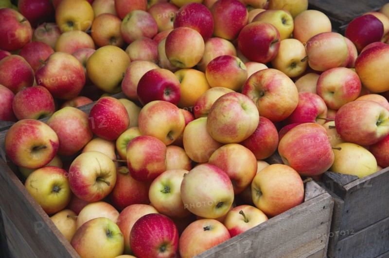 Piles of apples in crates on market stall.