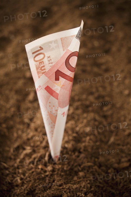 Ten euros Banknote growing from dirt, studio shot. Photo : Mike Kemp