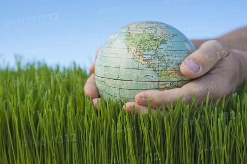 Male hands holding globe over grass.