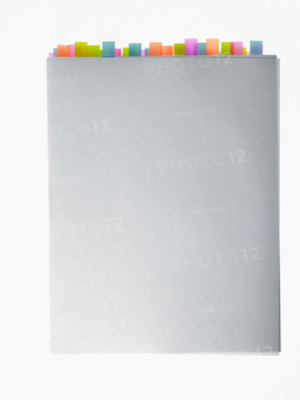 Studio shot of book edge with index cards. Photo : David Arky