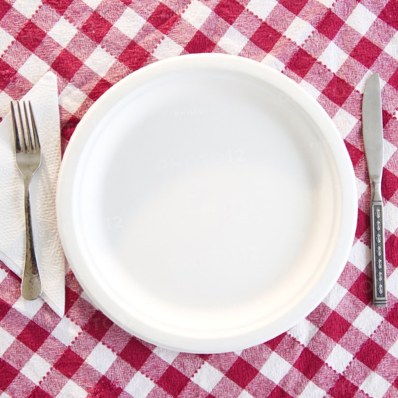 Close up empty plate on checked table cloth. Photo : Jamie Grill Photography
