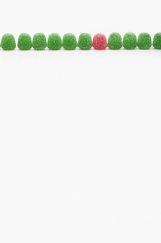 Line of green jellies and one red. Photo : FBP