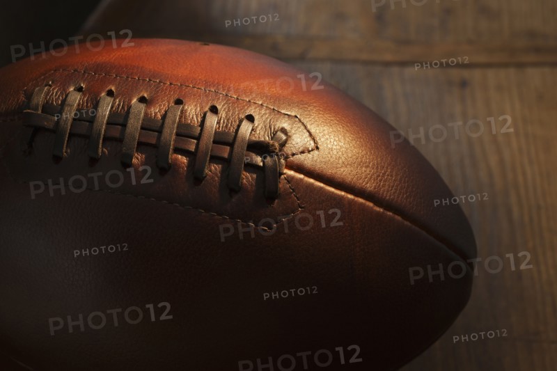 Close-up of rugby ball, studio shot.