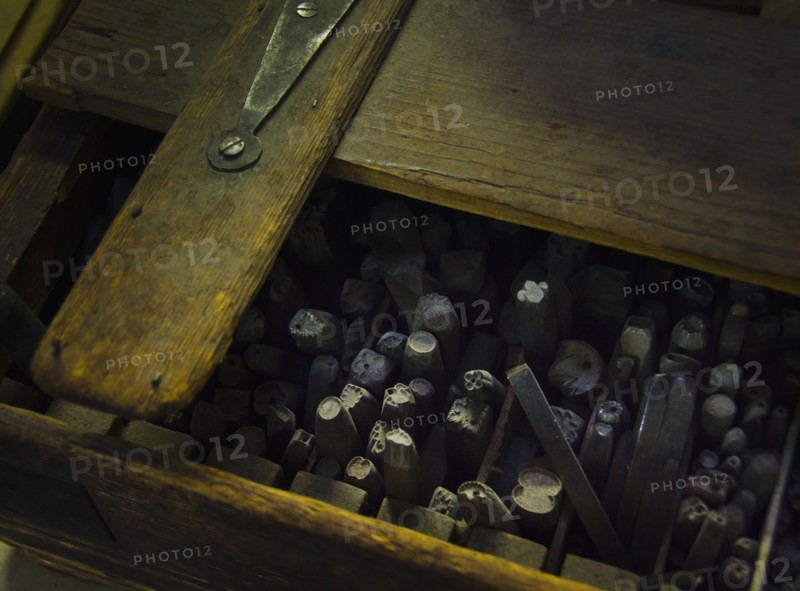 Close up of printing blocks from antique book binding.