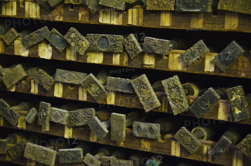 Close up of printing blocks from antique book binding.