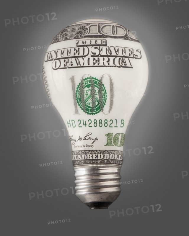 Composition of bulb and one hundred dollar note. Photo : Mike Kemp