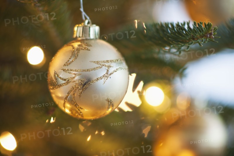 Christmas decoration hanging on Christmas tree, studio shot.