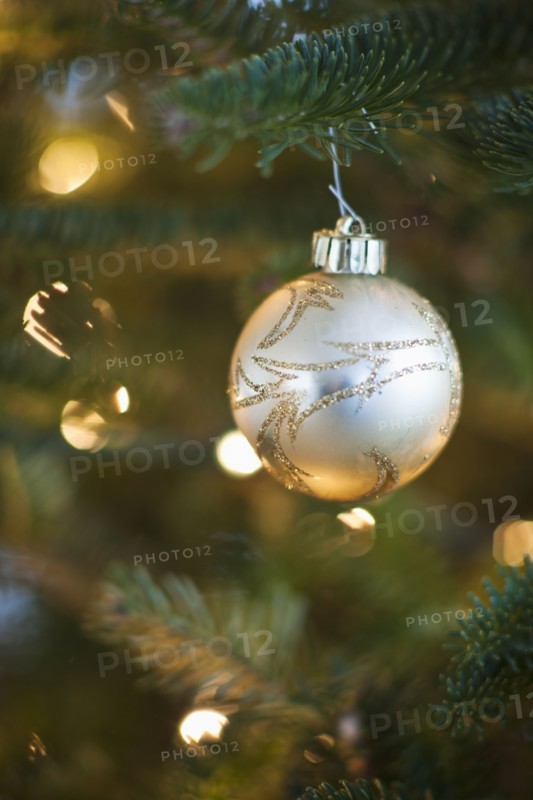 Christmas decoration hanging on Christmas tree, studio shot.