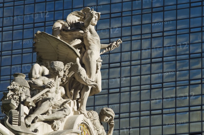 USA, New York City, Sculpture on top of Grand Central Station facade.