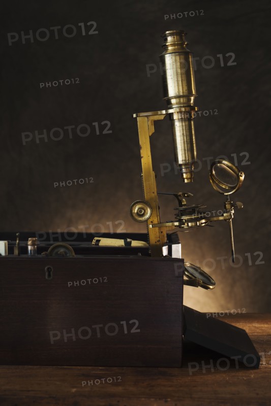 Close up of antique microscope.