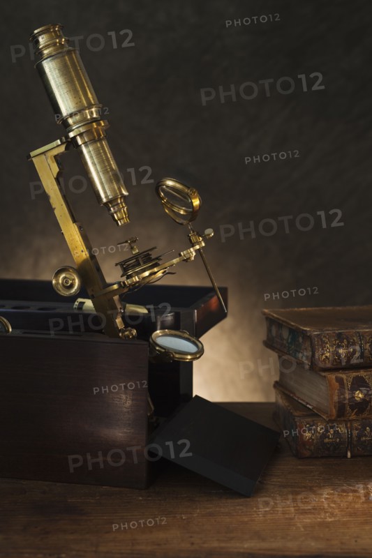 Close up of antique microscope.