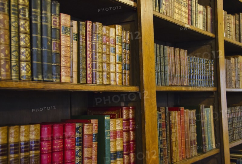 Close up of antique books on shelves.
