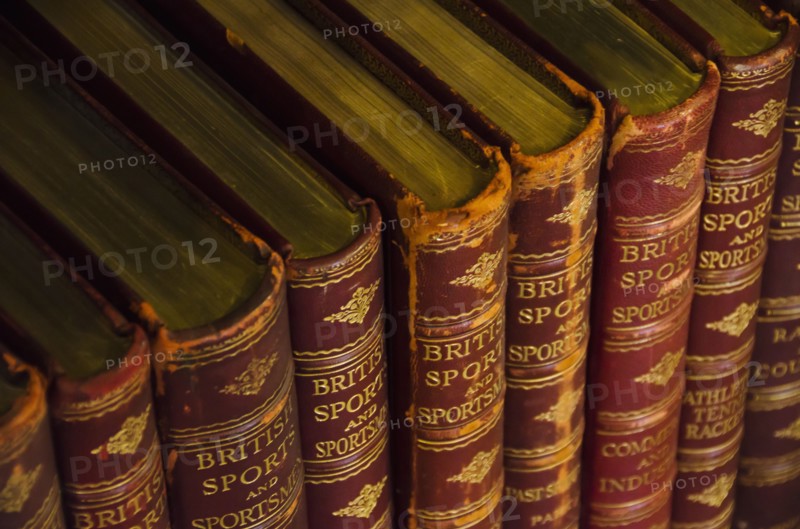 Close up of antique books on shelves.