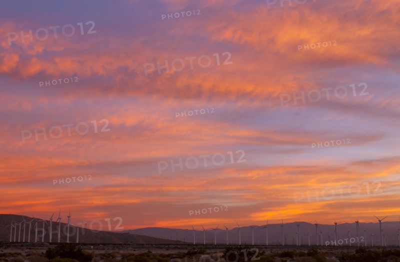 USA, California, Palm Springs, wind turbines at sunrise. Photo : Gary Weathers