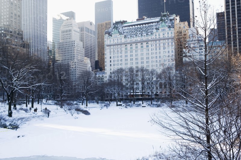 USA, New York City, View of Central Park in winter with Manhattan skyline in background. Photo : fotog