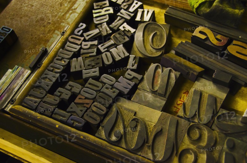 Close up of fonts from antique printing press.