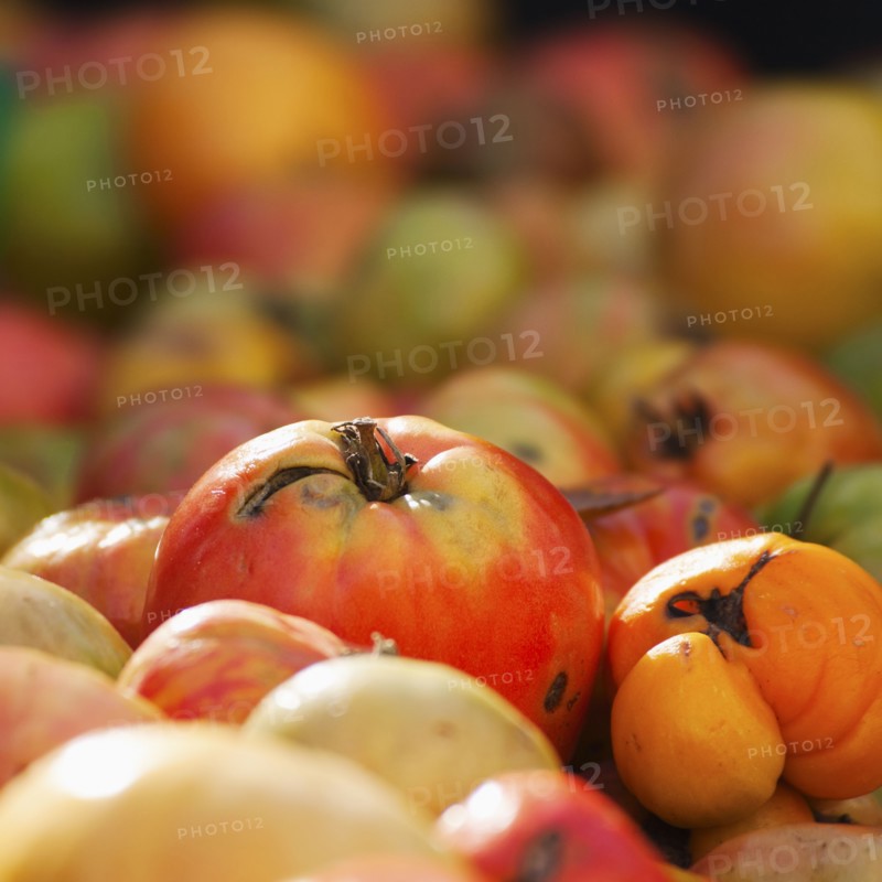 Close up of heirloom tomatoes on market stall.