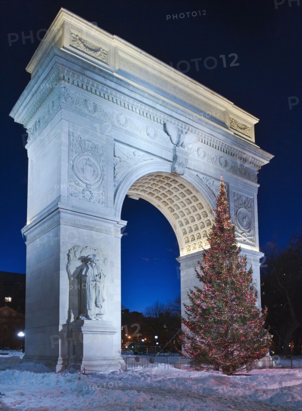 USA, New York City, Washington Square Arch at night.