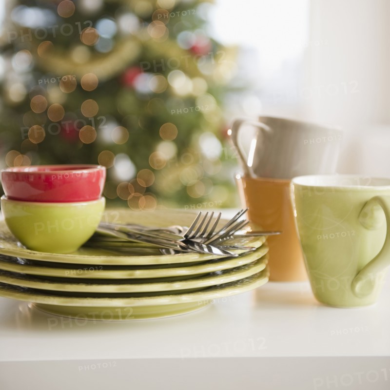 Stacked plates and crockery. Photo : Jamie Grill Photography
