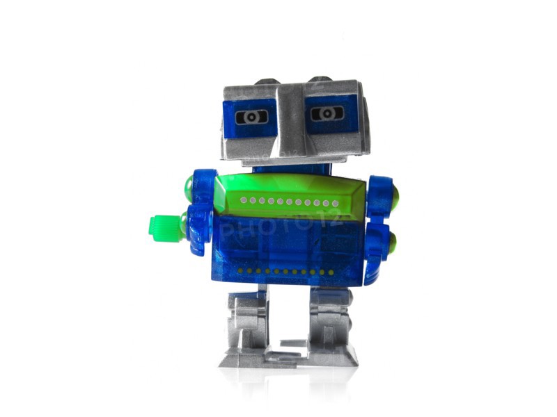 Toy robot on white background. Photo: David Arky