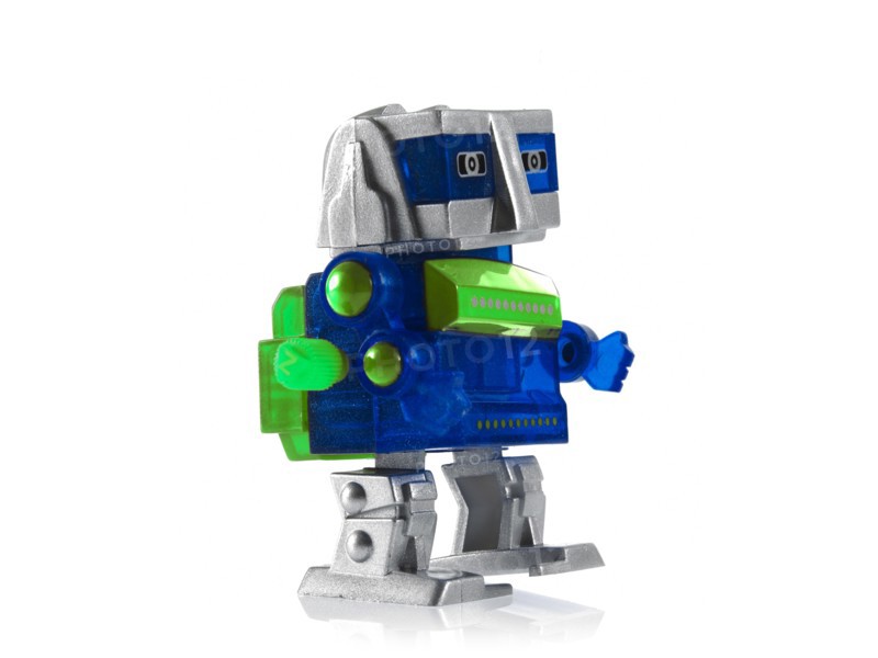 Toy robot on white background. Photo: David Arky