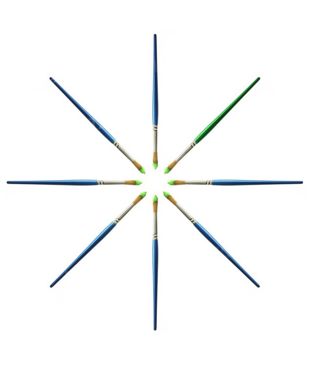 Blue paintbrushes in green paint on white background. Photo: David Arky