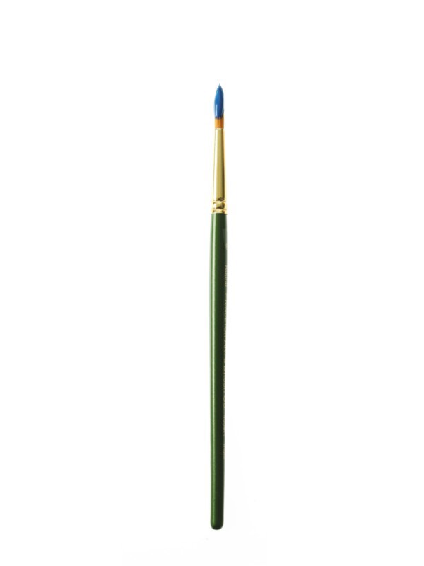 Green paintbrush with blue paint on white background. Photo: David Arky