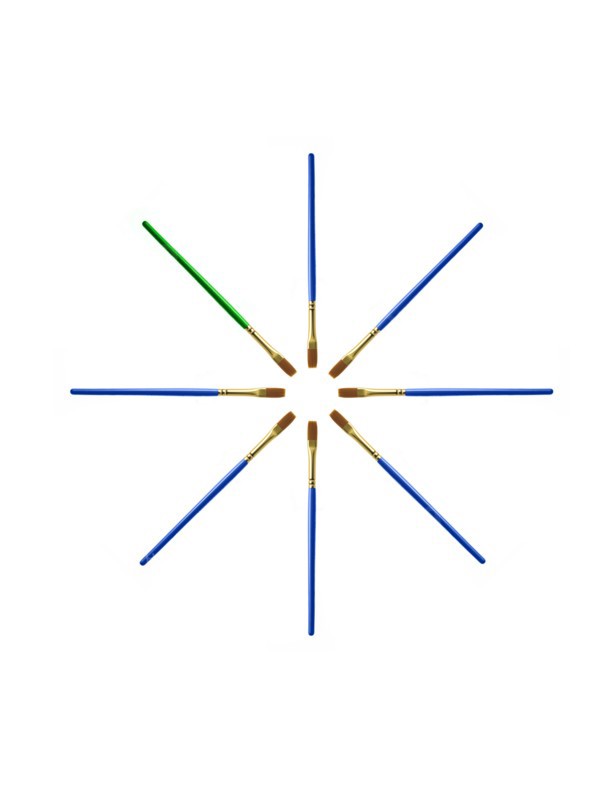 Blue paintbrushes with one green on white background. Photo: David Arky