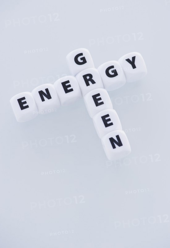 Studio shot of dice spelling out green energy. Photo: Daniel Grill