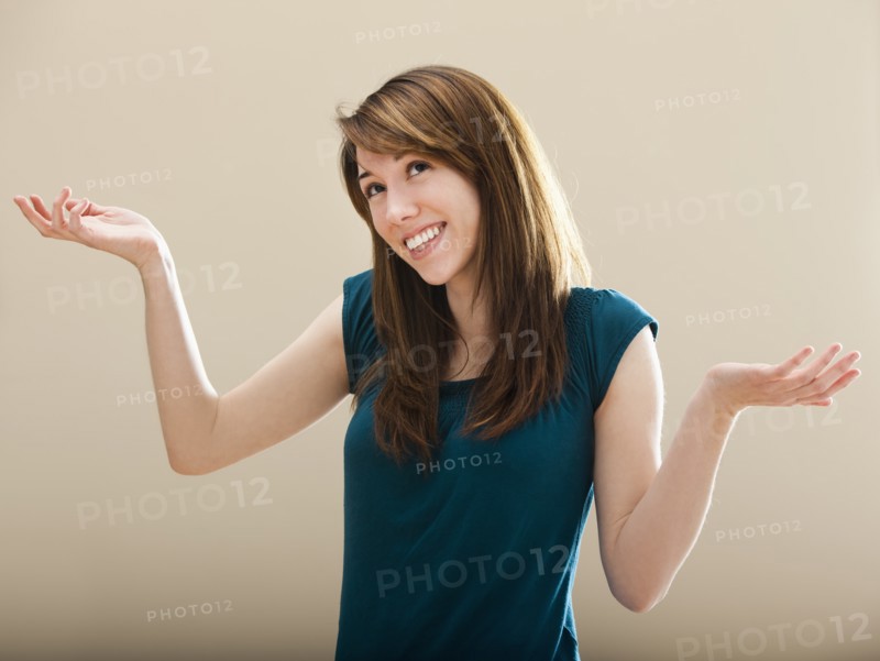 Studio portrait of young woman gesturing. Photo: Mike Kemp
