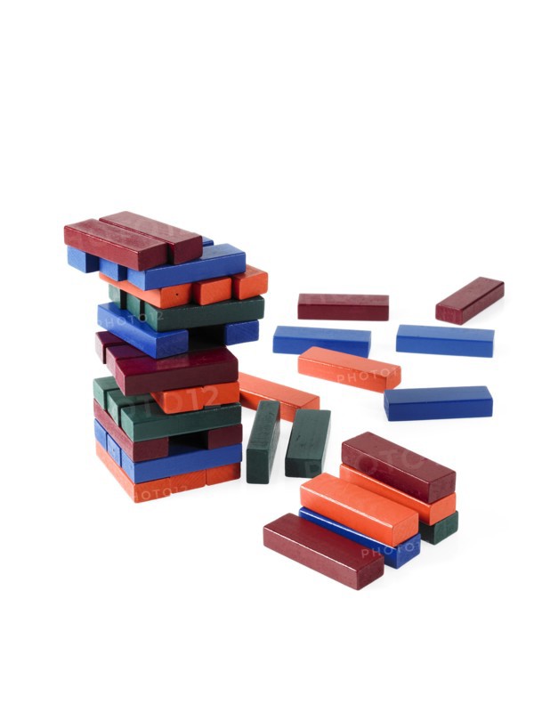 Studio shot of colorful wooden jenga blocks. Photo : David Arky