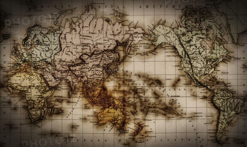 Close up of antique world map.