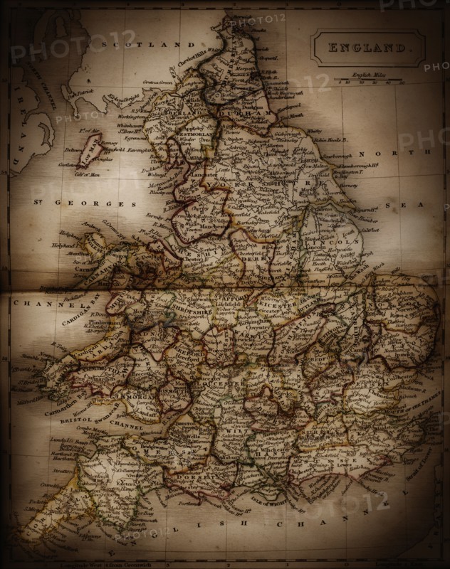 Close up of antique map of England.
