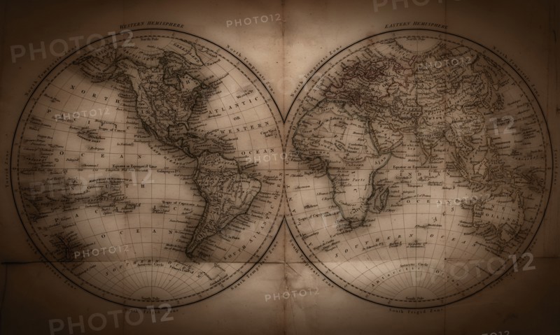 Close up of antique world map.