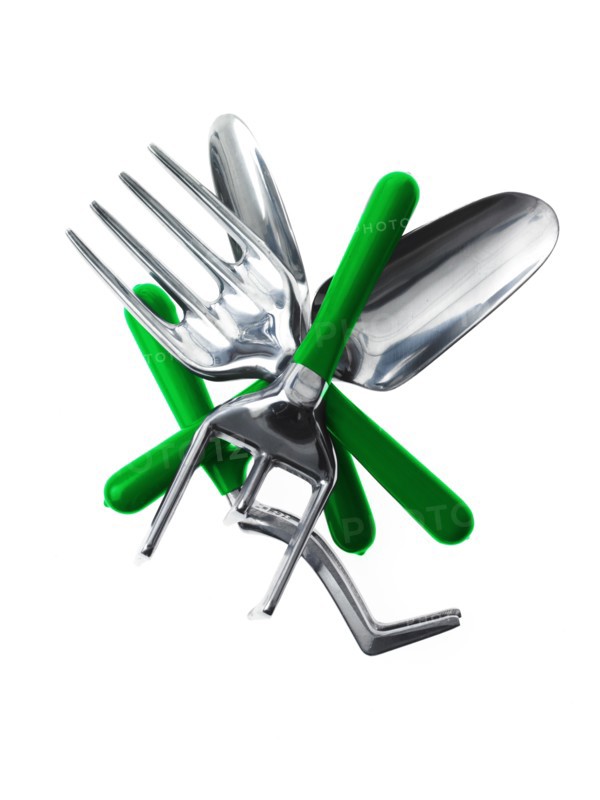 Studio shot of spades and gardening forks. Photo: David Arky